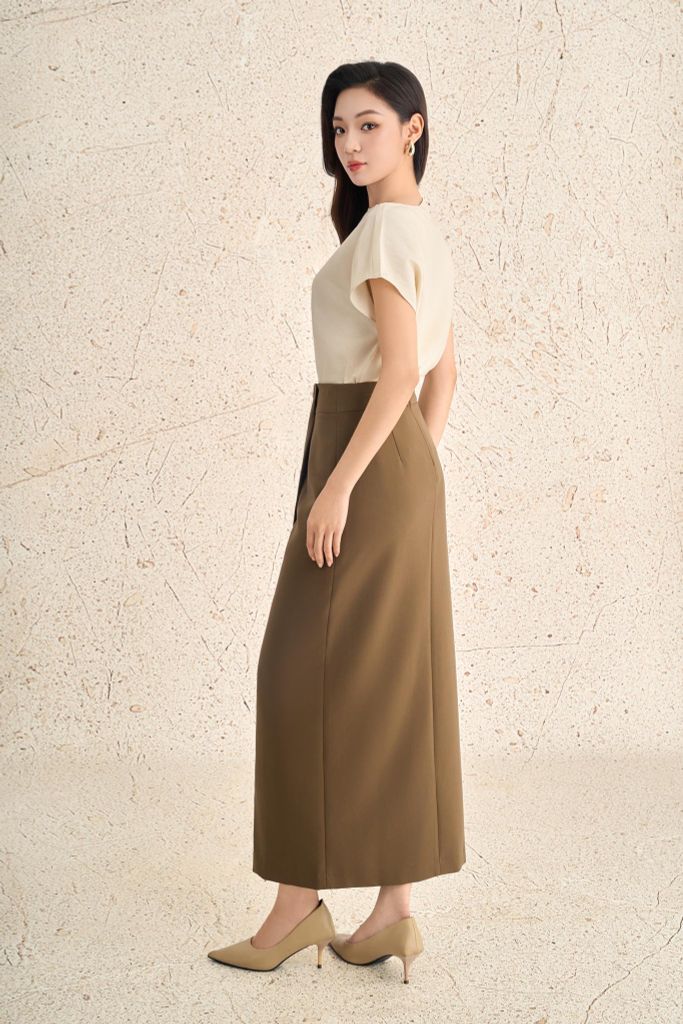 FJD71365 - Chân váy dài công sở vải thô dáng ôm bút chì cạp phối vạt lệch tạo kiểu xẻ tà trước thời trang - PANTIO