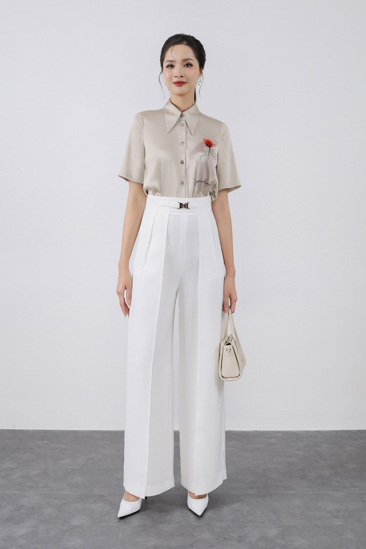 BQD73183 - Quần dài công sở vải phi cát dáng suông ống đứng phối vạt thời trang cạp đính phụ kiện kim loại - PANTIO