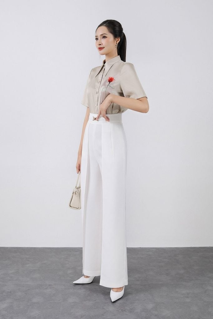 BQD73183 - Quần dài công sở vải phi cát dáng suông ống đứng phối vạt thời trang cạp đính phụ kiện kim loại - PANTIO