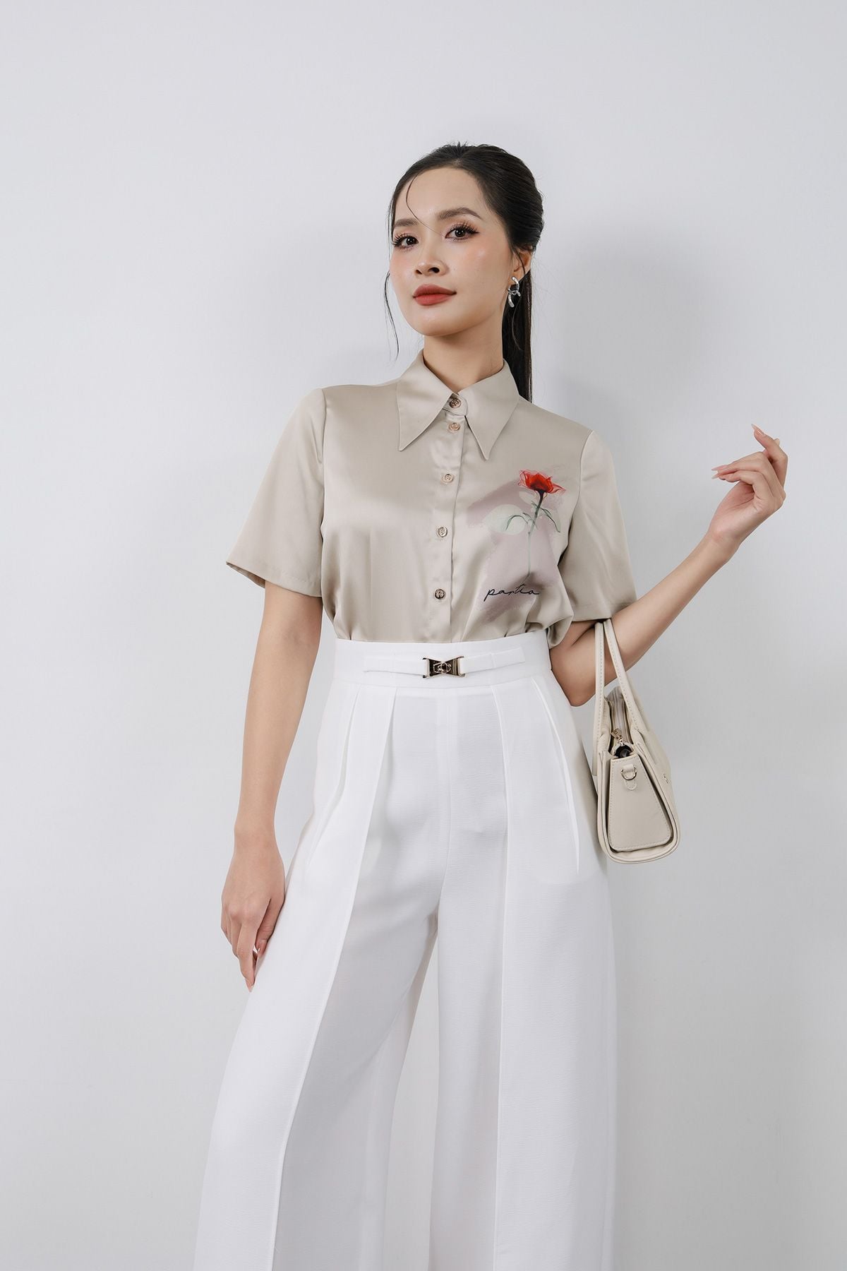 BQD73183 - Quần dài công sở vải phi cát dáng suông ống đứng phối vạt thời trang cạp đính phụ kiện kim loại - PANTIO