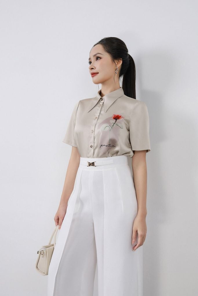 BQD73183 - Quần dài công sở vải phi cát dáng suông ống đứng phối vạt thời trang cạp đính phụ kiện kim loại - PANTIO