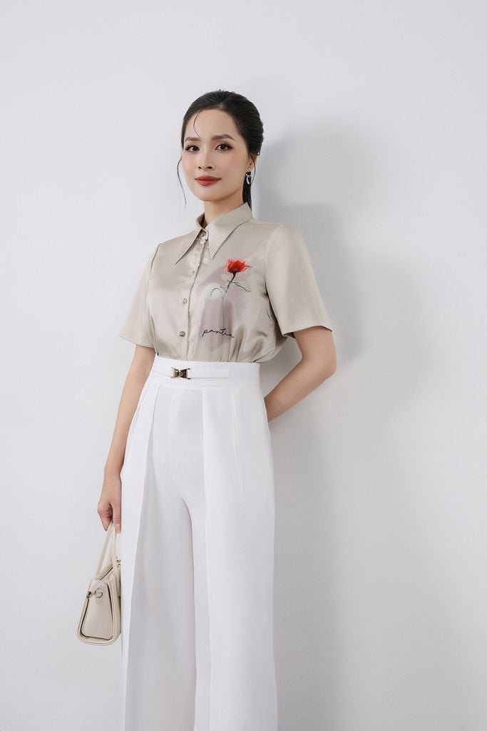 BQD73183 - Quần dài công sở vải phi cát dáng suông ống đứng phối vạt thời trang cạp đính phụ kiện kim loại - PANTIO