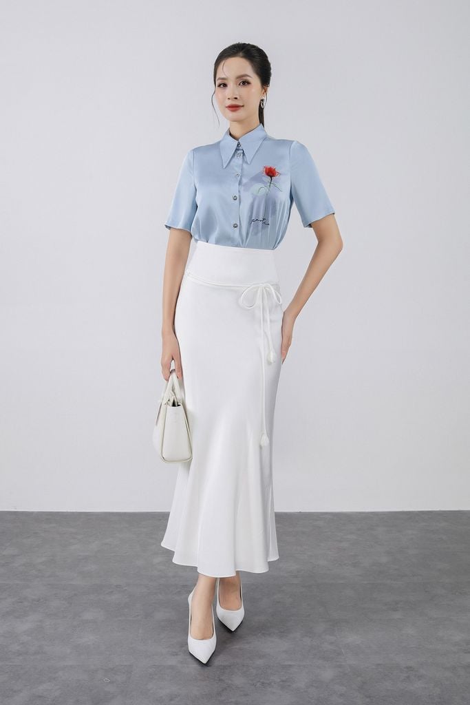 FJD91257 - Chân váy dài công sở vải lụa dày dáng suông eo phối cạp bản to đính dây nơ tạo kiểu - PANTIO