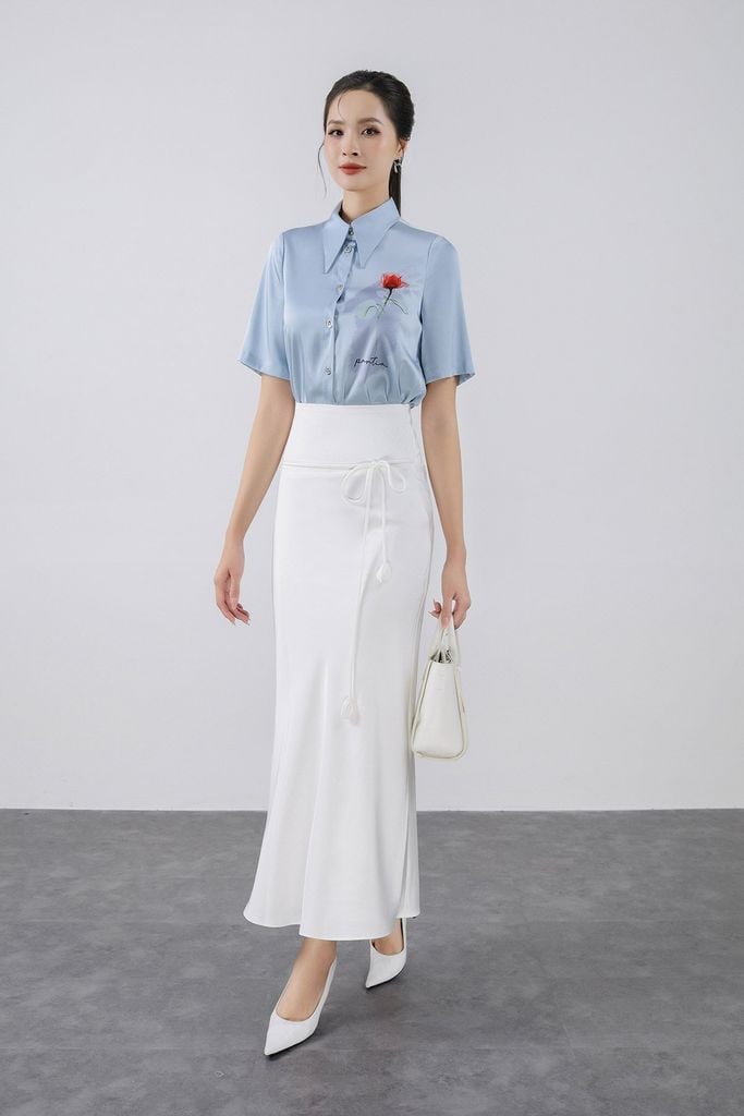 FJD91257 - Chân váy dài công sở vải lụa dày dáng suông eo phối cạp bản to đính dây nơ tạo kiểu - PANTIO