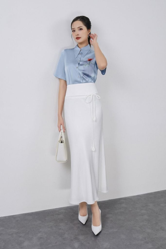 FJD91257 - Chân váy dài công sở vải lụa dày dáng suông eo phối cạp bản to đính dây nơ tạo kiểu - PANTIO