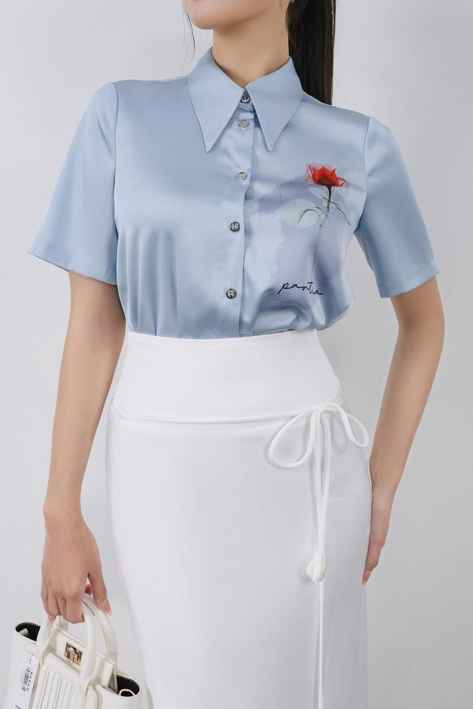 FJD91257 - Chân váy dài công sở vải lụa dày dáng suông eo phối cạp bản to đính dây nơ tạo kiểu - PANTIO