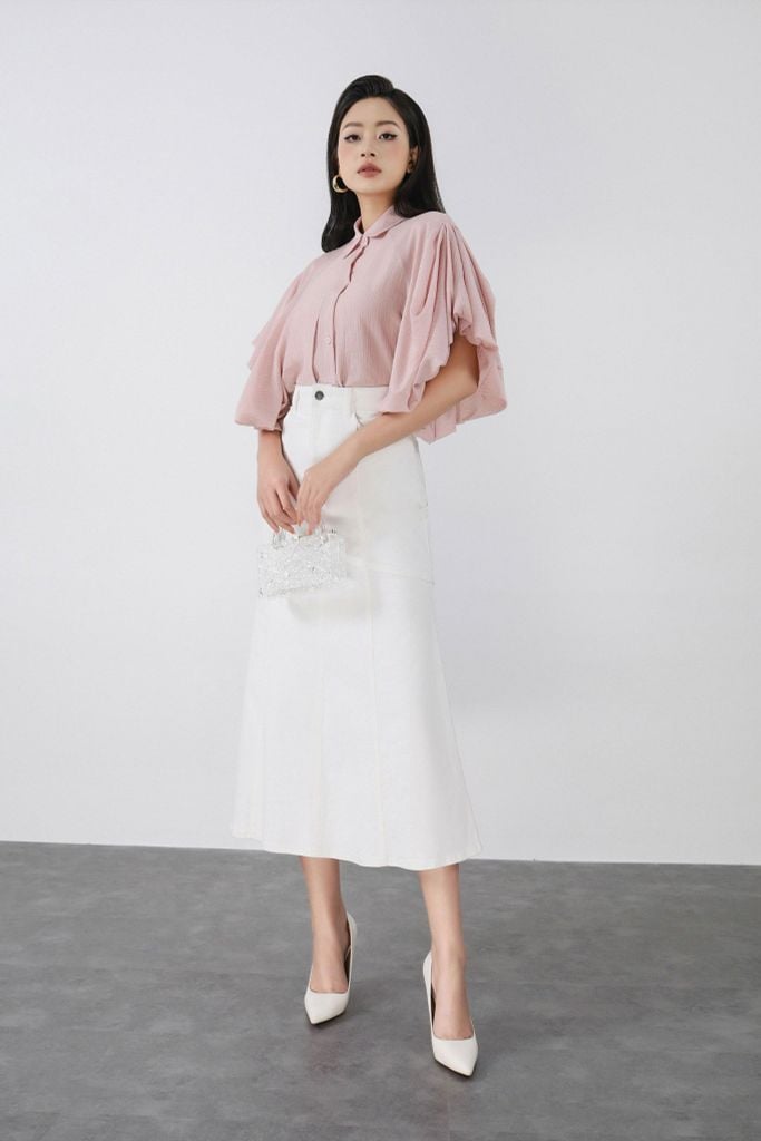 FAS34059 - Áo sơ mi công sở vải thô mỏng dáng suông cổ đức tay phồng bo chun thời trang thân áo có túi tạo kiểu - PANTIO