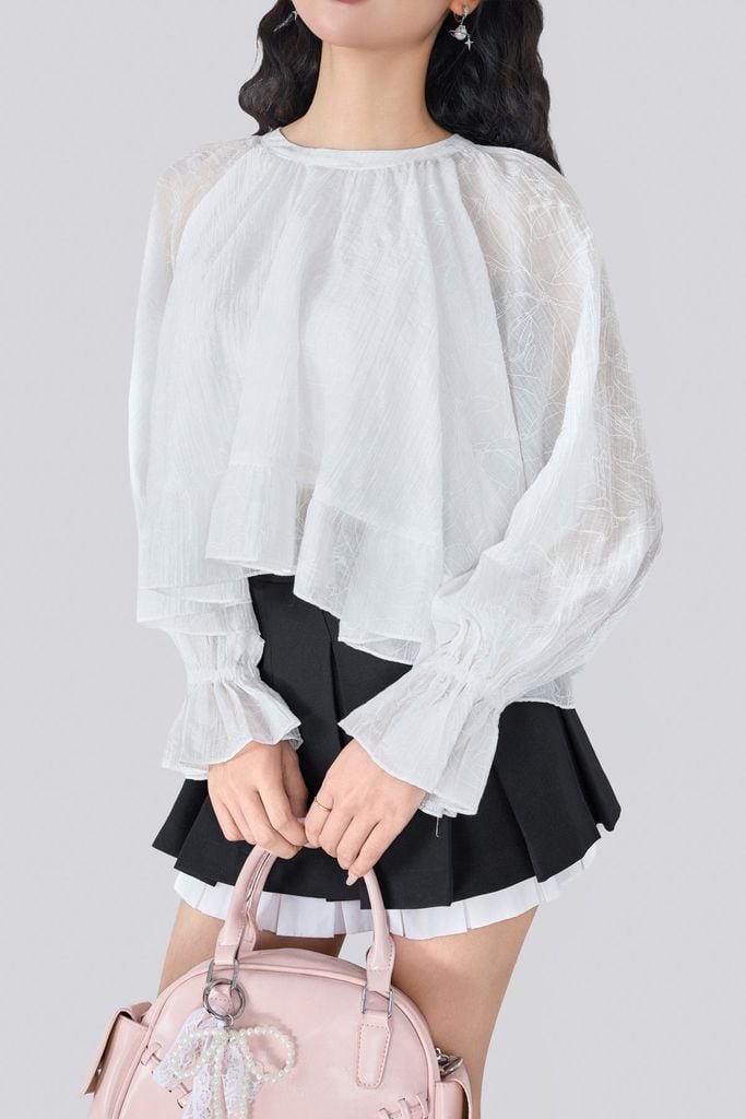 FAS34063 - Áo sơ mi vải tơ nhăn dáng suông cổ tròn tay dài bo chun tay gấu áo phối viền bèo tạo kiểu - JAN.