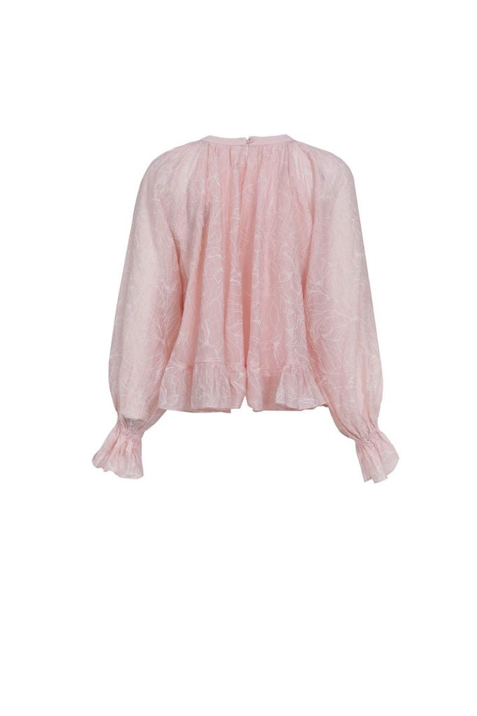 FAS34063 - Áo sơ mi vải tơ nhăn dáng suông cổ tròn tay dài bo chun tay gấu áo phối viền bèo tạo kiểu - JAN.