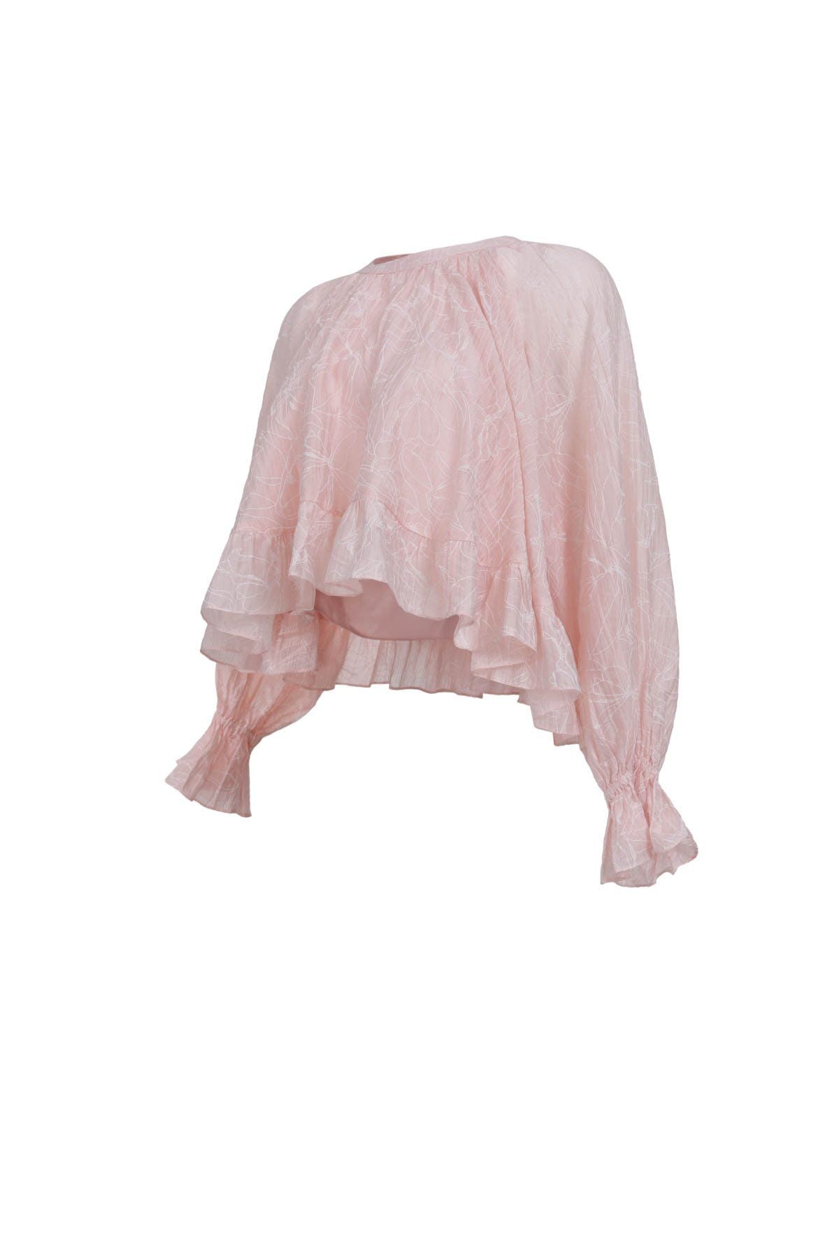 FAS34063 - Áo sơ mi vải tơ nhăn dáng suông cổ tròn tay dài bo chun tay gấu áo phối viền bèo tạo kiểu - JAN.