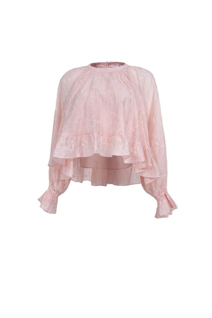 FAS34063 - Áo sơ mi vải tơ nhăn dáng suông cổ tròn tay dài bo chun tay gấu áo phối viền bèo tạo kiểu - JAN.