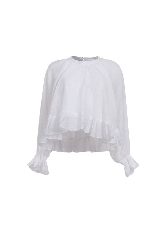 FAS34063 - Áo sơ mi vải tơ nhăn dáng suông cổ tròn tay dài bo chun tay gấu áo phối viền bèo tạo kiểu - JAN.