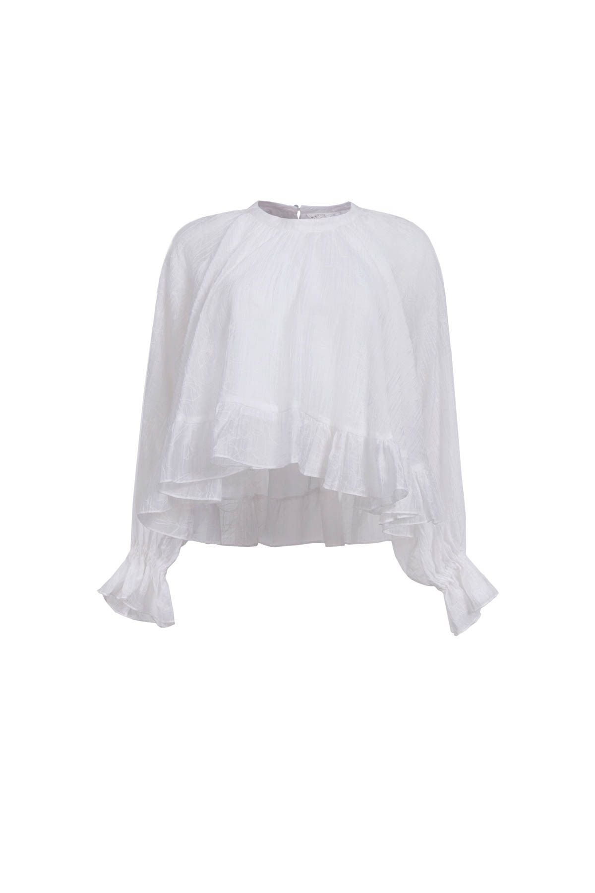 FAS34063 - Áo sơ mi vải tơ nhăn dáng suông cổ tròn tay dài bo chun tay gấu áo phối viền bèo tạo kiểu - JAN.