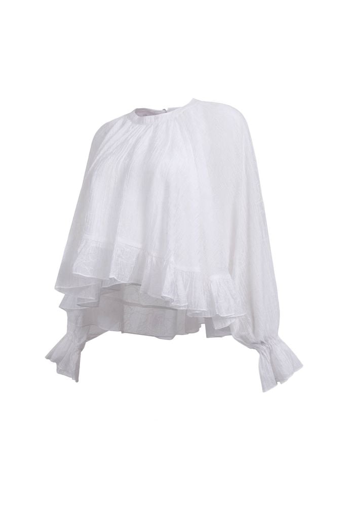 FAS34063 - Áo sơ mi vải tơ nhăn dáng suông cổ tròn tay dài bo chun tay gấu áo phối viền bèo tạo kiểu - JAN.