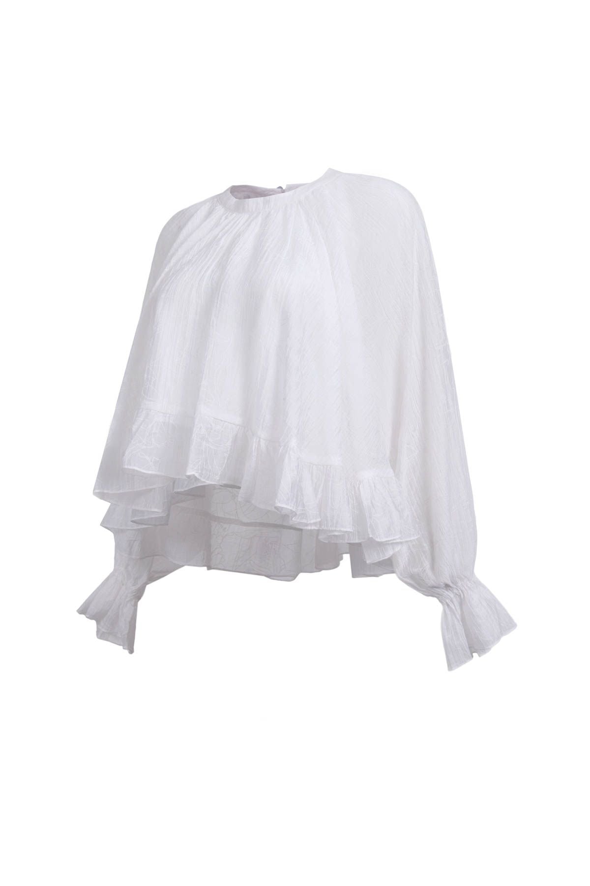 FAS34063 - Áo sơ mi vải tơ nhăn dáng suông cổ tròn tay dài bo chun tay gấu áo phối viền bèo tạo kiểu - JAN.