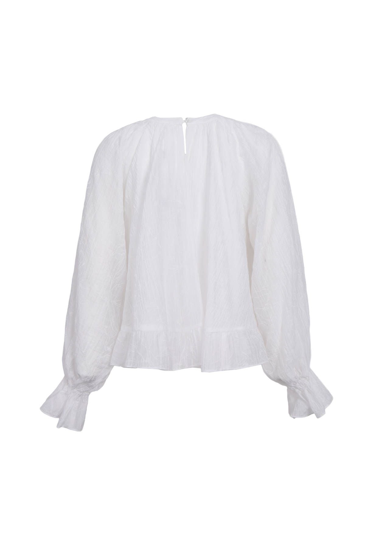 FAS34063 - Áo sơ mi vải tơ nhăn dáng suông cổ tròn tay dài bo chun tay gấu áo phối viền bèo tạo kiểu - JAN.