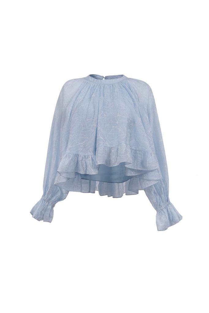 FAS34063 - Áo sơ mi vải tơ nhăn dáng suông cổ tròn tay dài bo chun tay gấu áo phối viền bèo tạo kiểu - JAN.