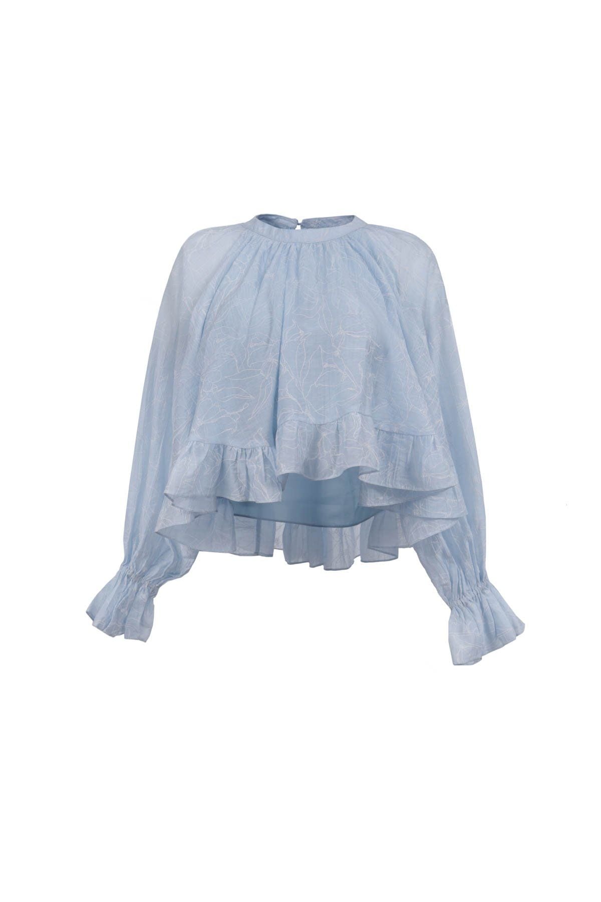 FAS34063 - Áo sơ mi vải tơ nhăn dáng suông cổ tròn tay dài bo chun tay gấu áo phối viền bèo tạo kiểu - JAN.