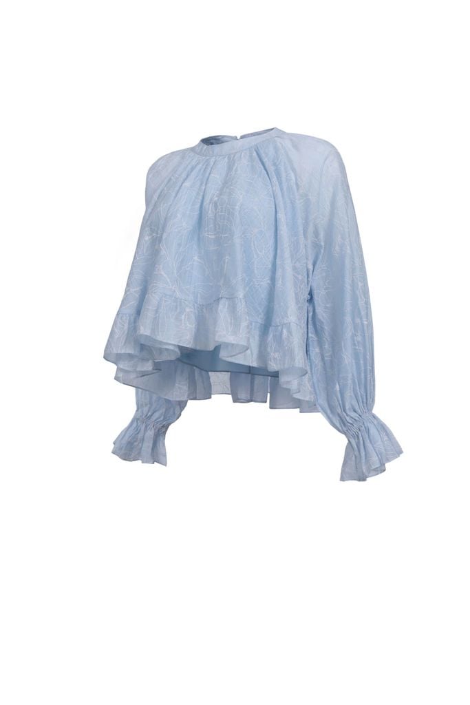 FAS34063 - Áo sơ mi vải tơ nhăn dáng suông cổ tròn tay dài bo chun tay gấu áo phối viền bèo tạo kiểu - JAN.