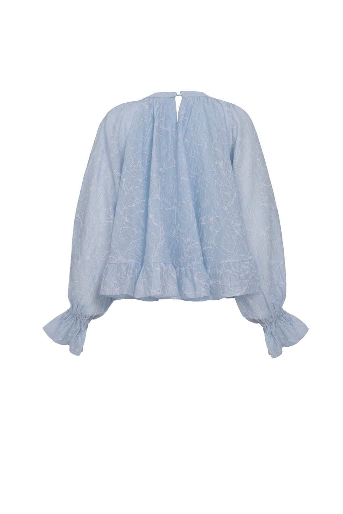 FAS34063 - Áo sơ mi vải tơ nhăn dáng suông cổ tròn tay dài bo chun tay gấu áo phối viền bèo tạo kiểu - JAN.