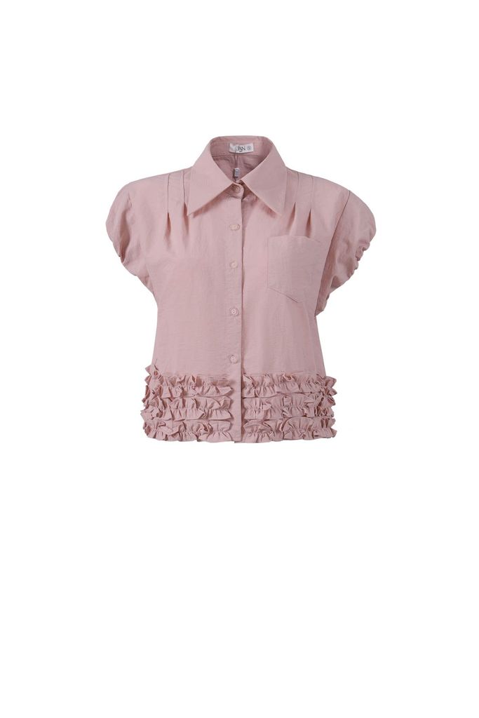 FAS34066 - Áo sơ mi vải thô dáng croptop cổ đức vai chờm gấu áo phối viền bèo tạo kiểu cài khuy trước - JAN.