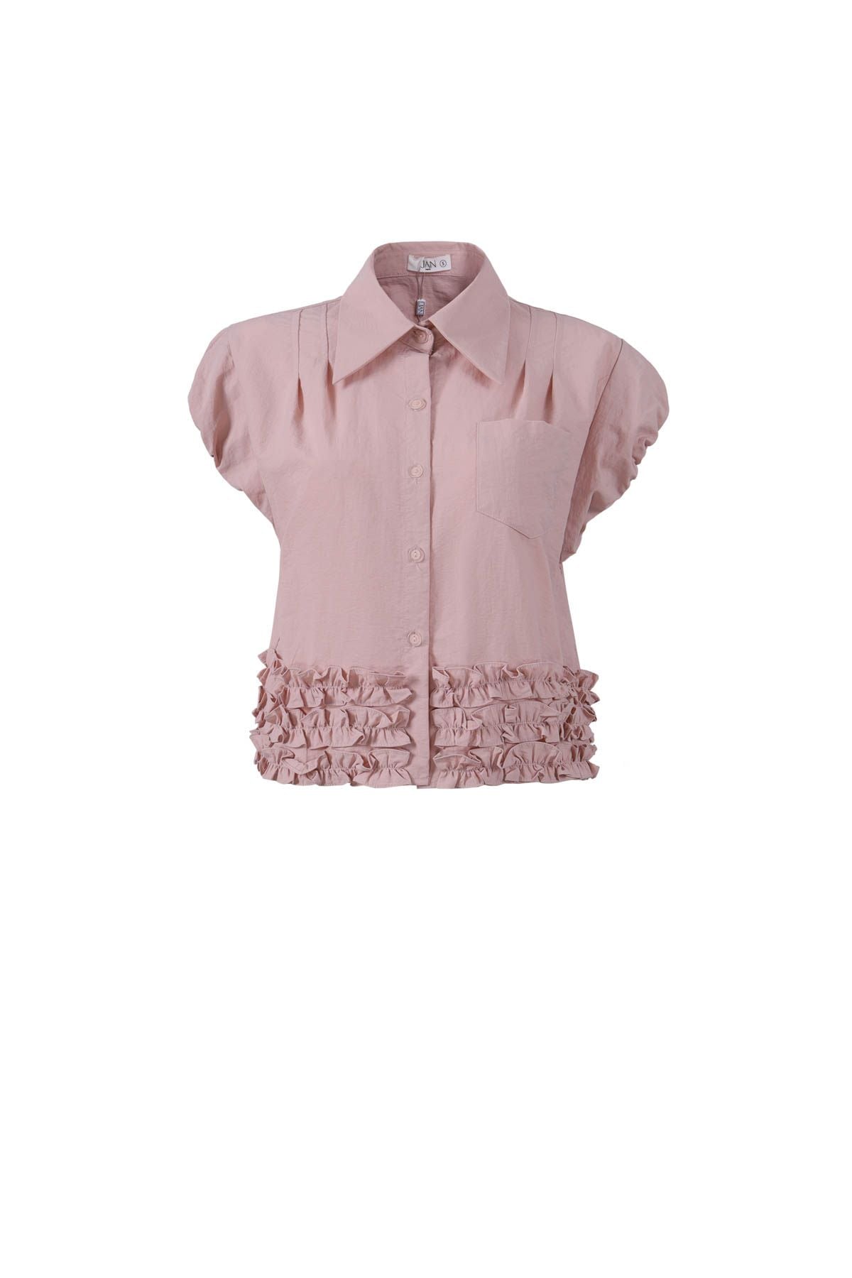 FAS34066 - Áo sơ mi vải thô dáng croptop cổ đức vai chờm gấu áo phối viền bèo tạo kiểu cài khuy trước - JAN.