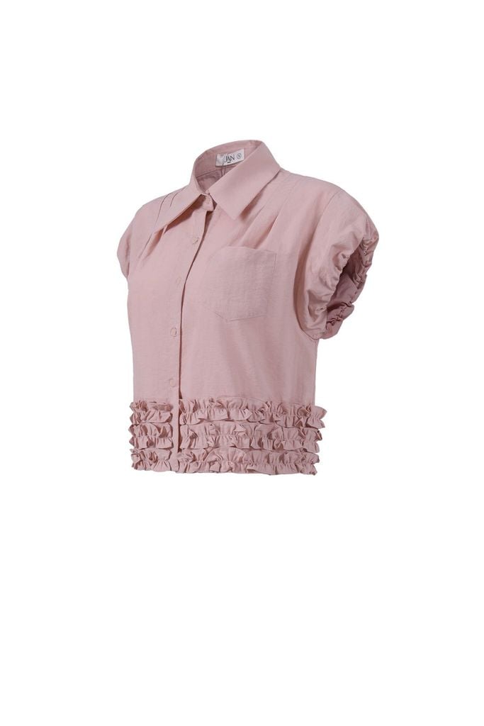 FAS34066 - Áo sơ mi vải thô dáng croptop cổ đức vai chờm gấu áo phối viền bèo tạo kiểu cài khuy trước - JAN.