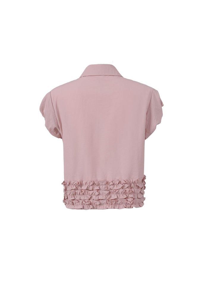 FAS34066 - Áo sơ mi vải thô dáng croptop cổ đức vai chờm gấu áo phối viền bèo tạo kiểu cài khuy trước - JAN.