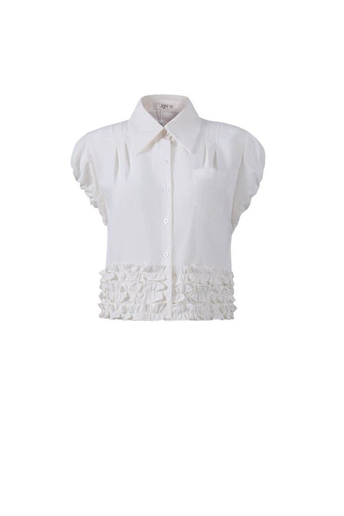 FAS34066 - Áo sơ mi vải thô dáng croptop cổ đức vai chờm gấu áo phối viền bèo tạo kiểu cài khuy trước - JAN.