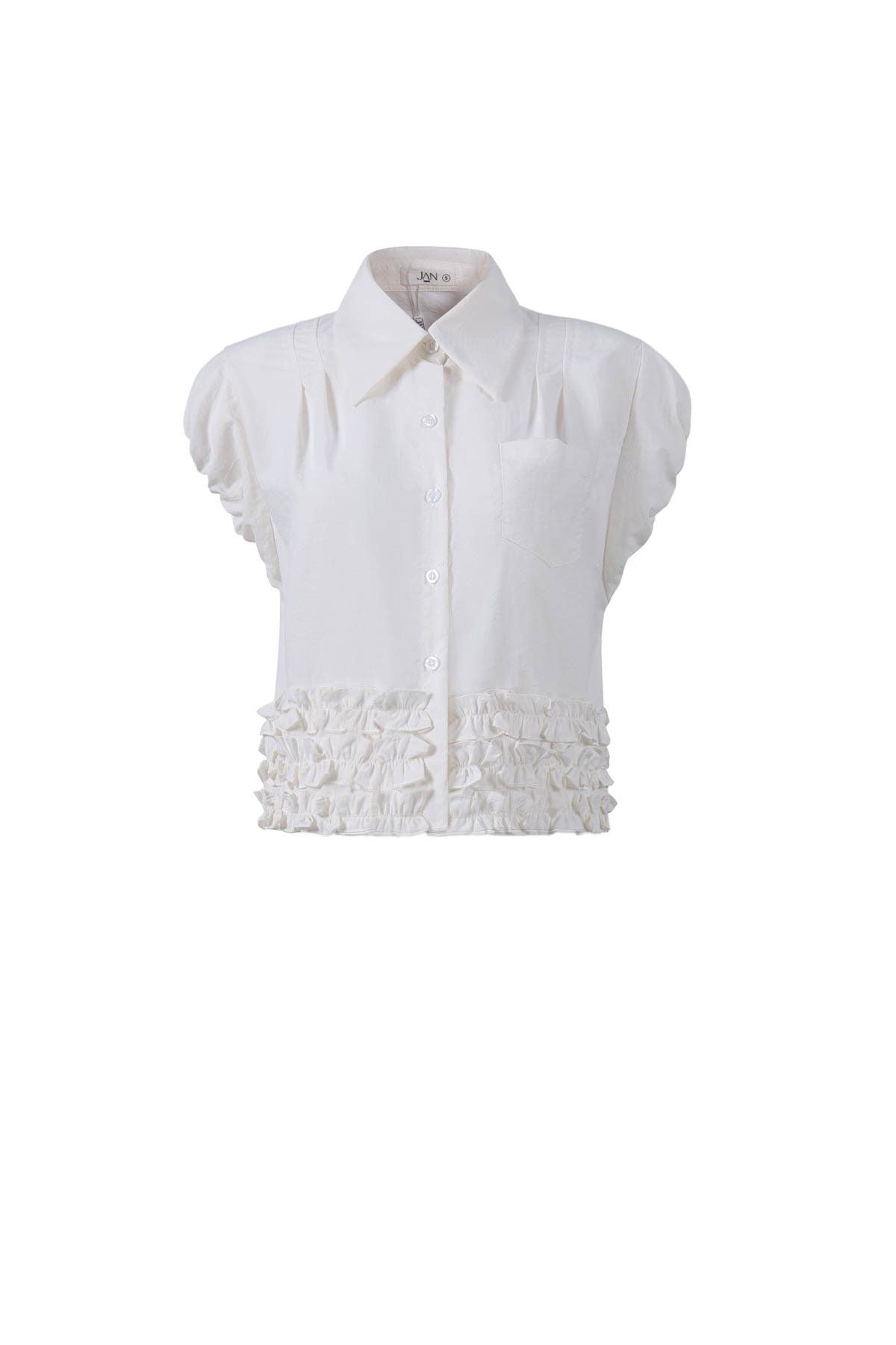 FAS34066 - Áo sơ mi vải thô dáng croptop cổ đức vai chờm gấu áo phối viền bèo tạo kiểu cài khuy trước - JAN.