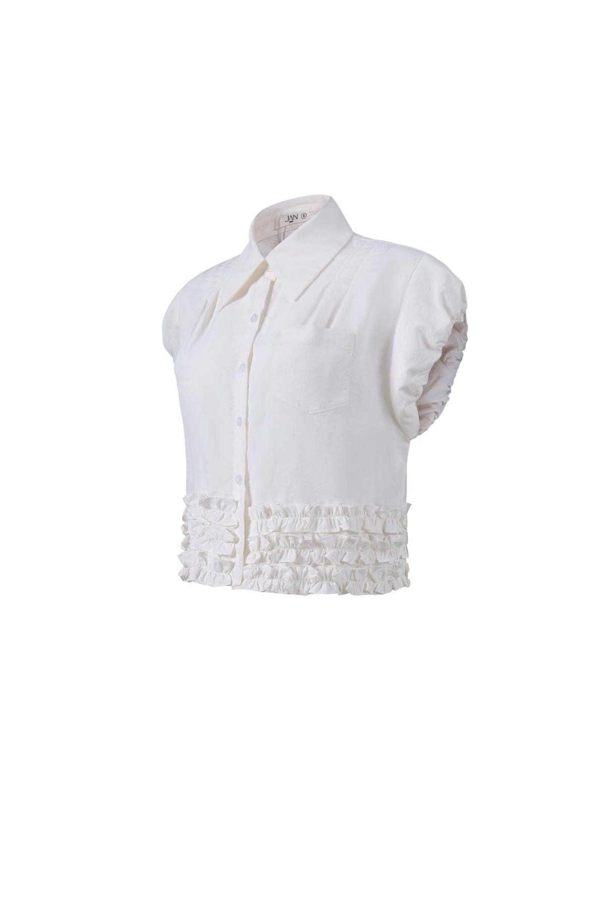 FAS34066 - Áo sơ mi vải thô dáng croptop cổ đức vai chờm gấu áo phối viền bèo tạo kiểu cài khuy trước - JAN.