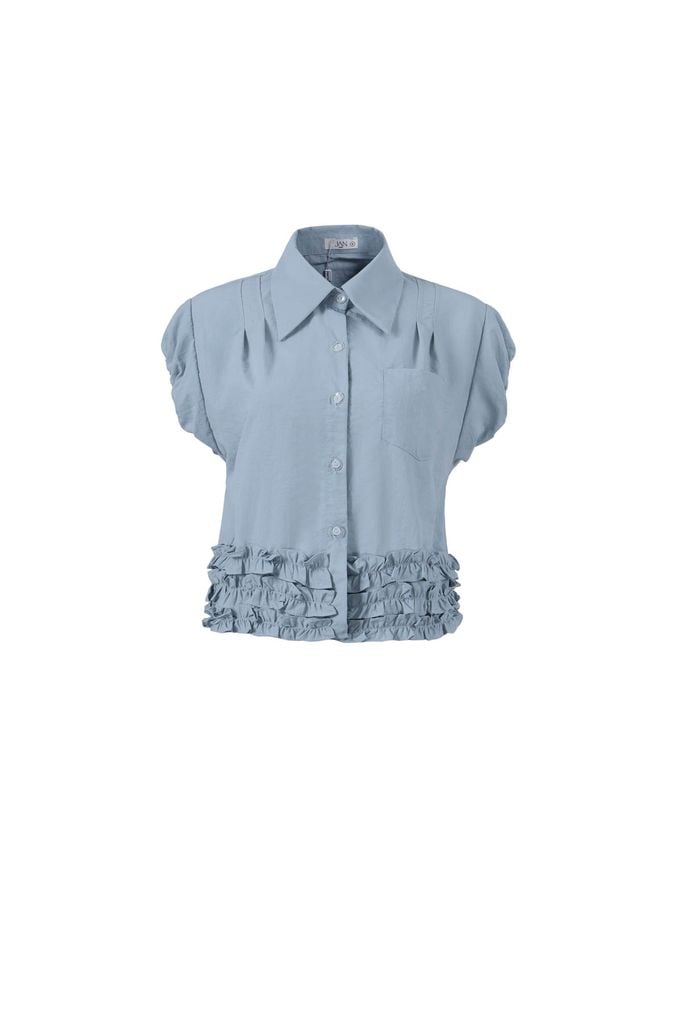 FAS34066 - Áo sơ mi vải thô dáng croptop cổ đức vai chờm gấu áo phối viền bèo tạo kiểu cài khuy trước - JAN.