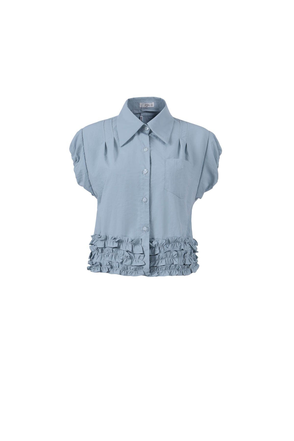 FAS34066 - Áo sơ mi vải thô dáng croptop cổ đức vai chờm gấu áo phối viền bèo tạo kiểu cài khuy trước - JAN.