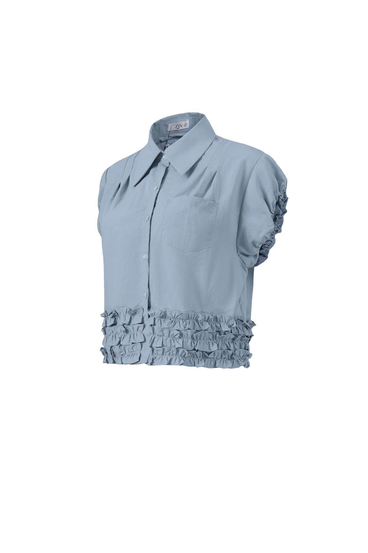 FAS34066 - Áo sơ mi vải thô dáng croptop cổ đức vai chờm gấu áo phối viền bèo tạo kiểu cài khuy trước - JAN.