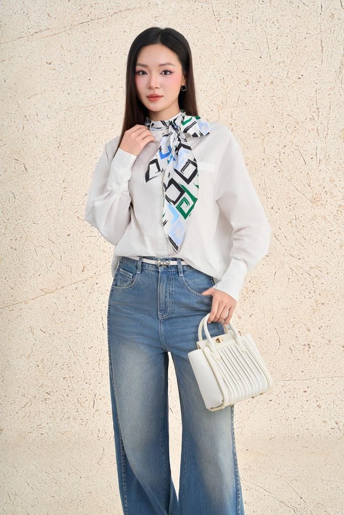 FAS34067 - Áo sơ mi công sở vải thô kate dáng suông cổ bẻ tay dài kèm khăn lụa thắt tạo kiểu - PANTIO