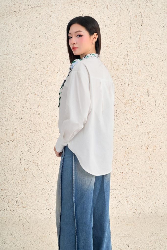 FAS34067 - Áo sơ mi công sở vải thô kate dáng suông cổ bẻ tay dài kèm khăn lụa thắt tạo kiểu - PANTIO