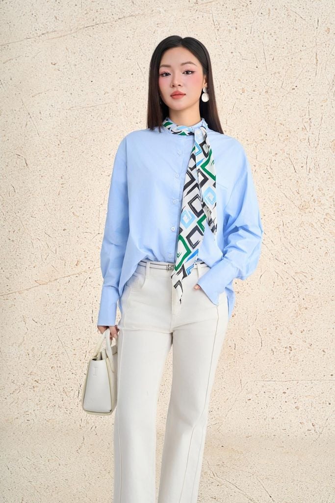 FAS34067 - Áo sơ mi công sở vải thô kate dáng suông cổ bẻ tay dài kèm khăn lụa thắt tạo kiểu - PANTIO
