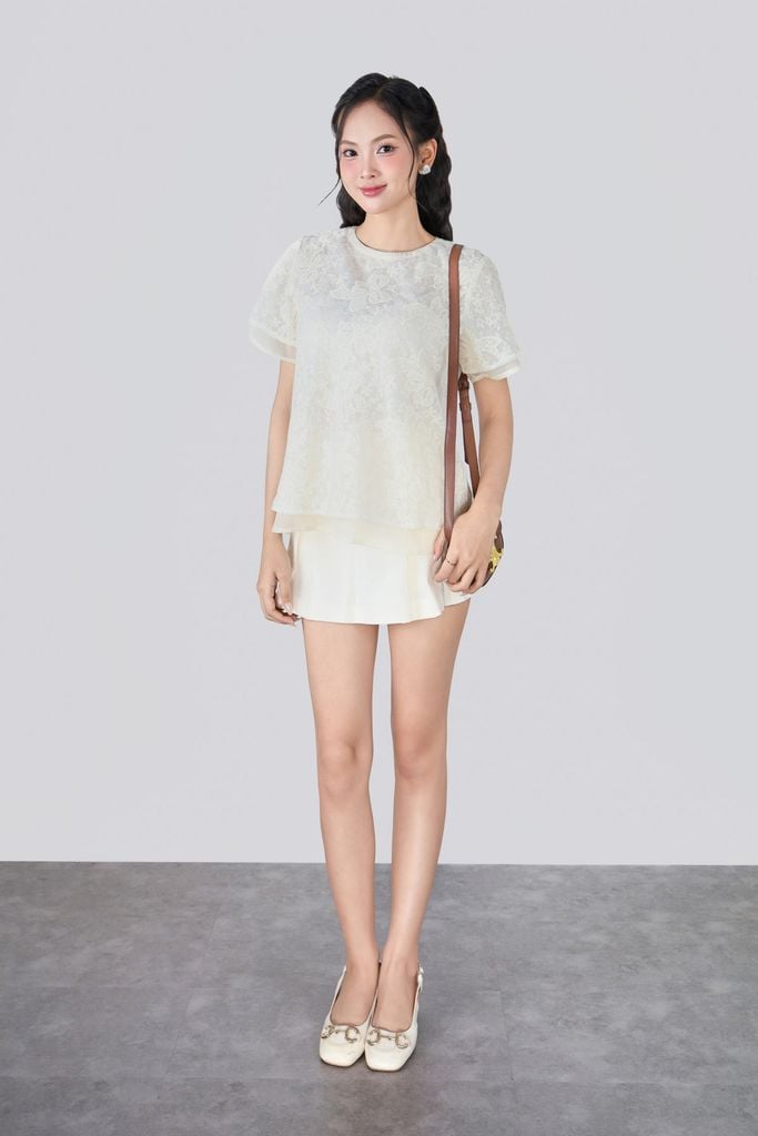 FAS34071 - Áo sơ mi vải ren hoa dáng suông hai lớp cổ tròn tay cộc - JAN.