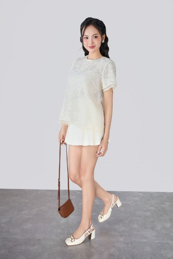 FAS34071 - Áo sơ mi vải ren hoa dáng suông hai lớp cổ tròn tay cộc - JAN.