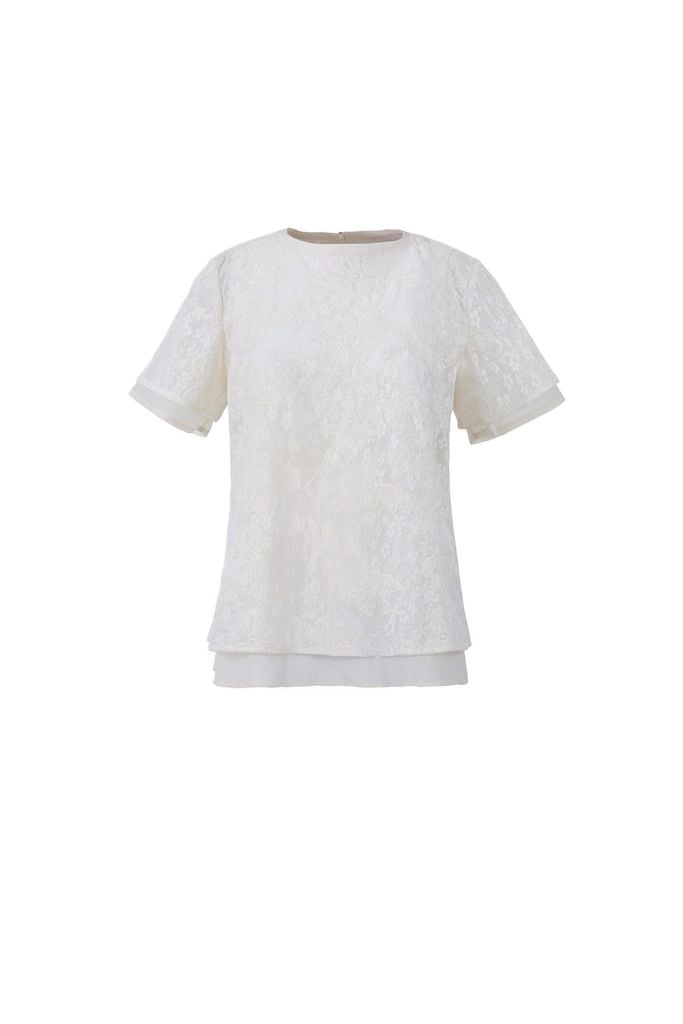 FAS34071 - Áo sơ mi vải ren hoa dáng suông hai lớp cổ tròn tay cộc - JAN.