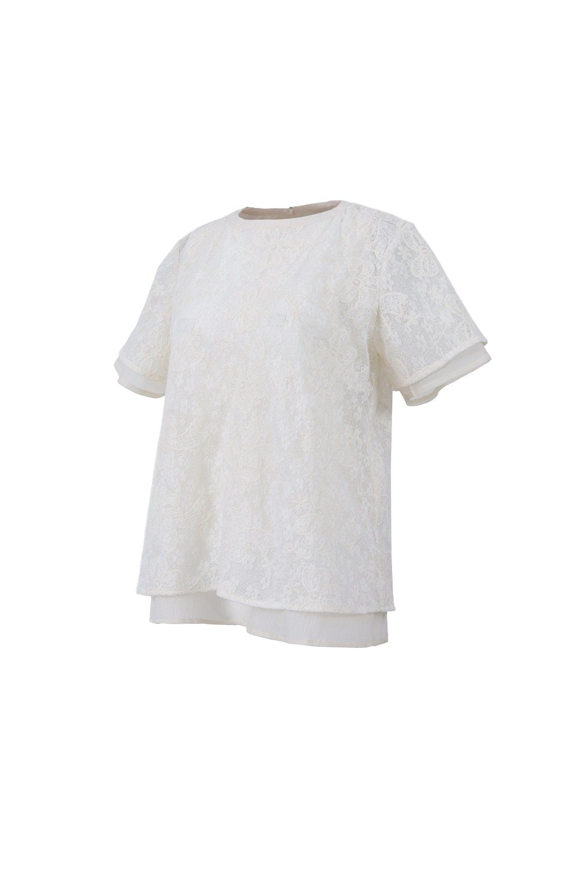 FAS34071 - Áo sơ mi vải ren hoa dáng suông hai lớp cổ tròn tay cộc - JAN.