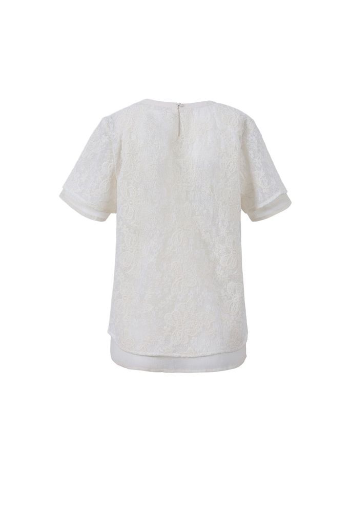 FAS34071 - Áo sơ mi vải ren hoa dáng suông hai lớp cổ tròn tay cộc - JAN.