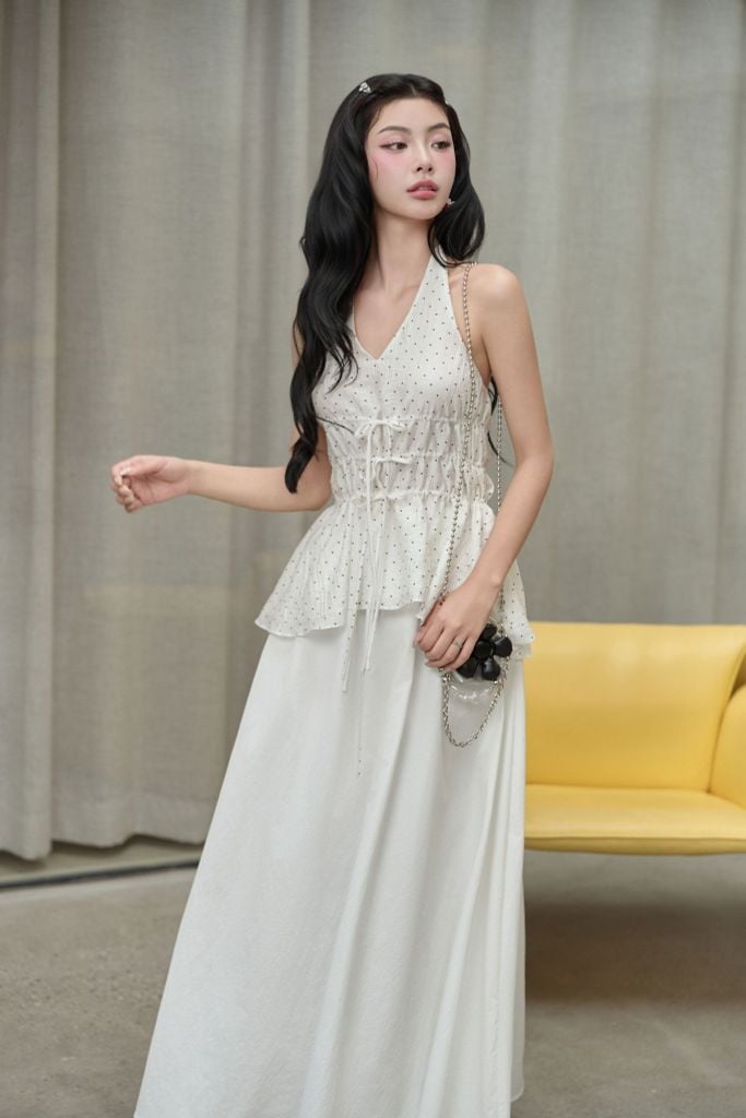 FAS34079 - Áo sơ mi kiểu vải tơ cổ kiểu thắt dây nơ dáng ôm thân áo bo chun co giãn đính nơ tạo kiểu - JAN.