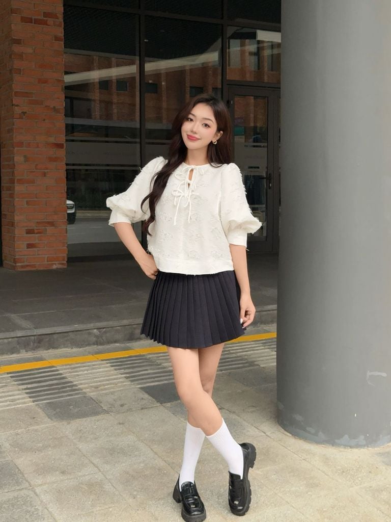 BJN93739 - Chân váy ngắn vải thô dáng chữ A thân váy xếp ly tạo kiểu - JAN.