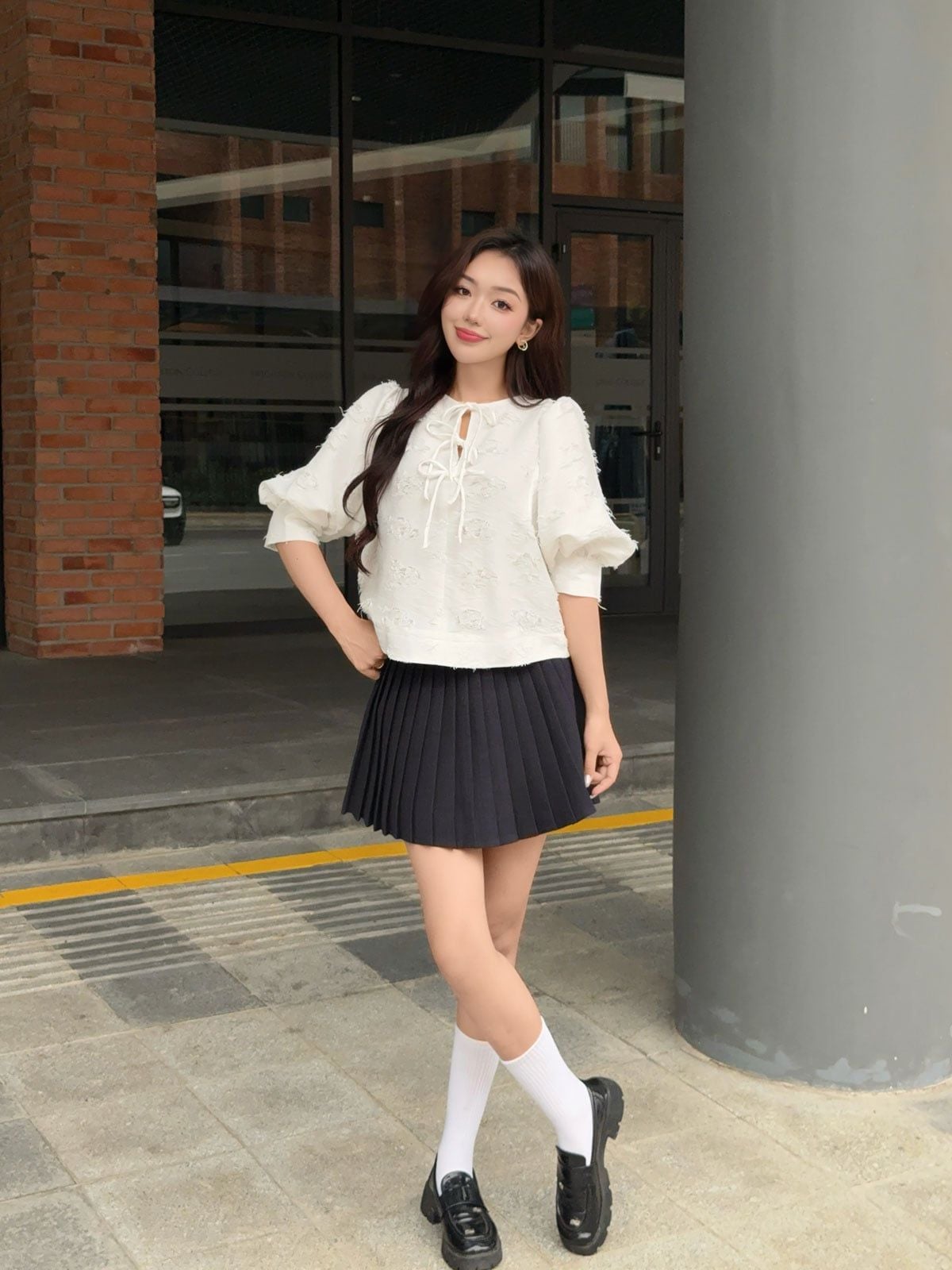 FAS34080 - Áo sơ mi công sở vải tơ dáng suông cổ kiểu đính nơ thắt tay lửng thời trang - JAN.