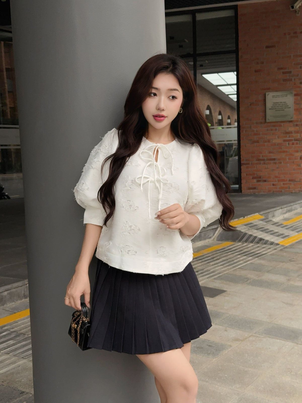 BJN93739 - Chân váy ngắn vải thô dáng chữ A thân váy xếp ly tạo kiểu - JAN.