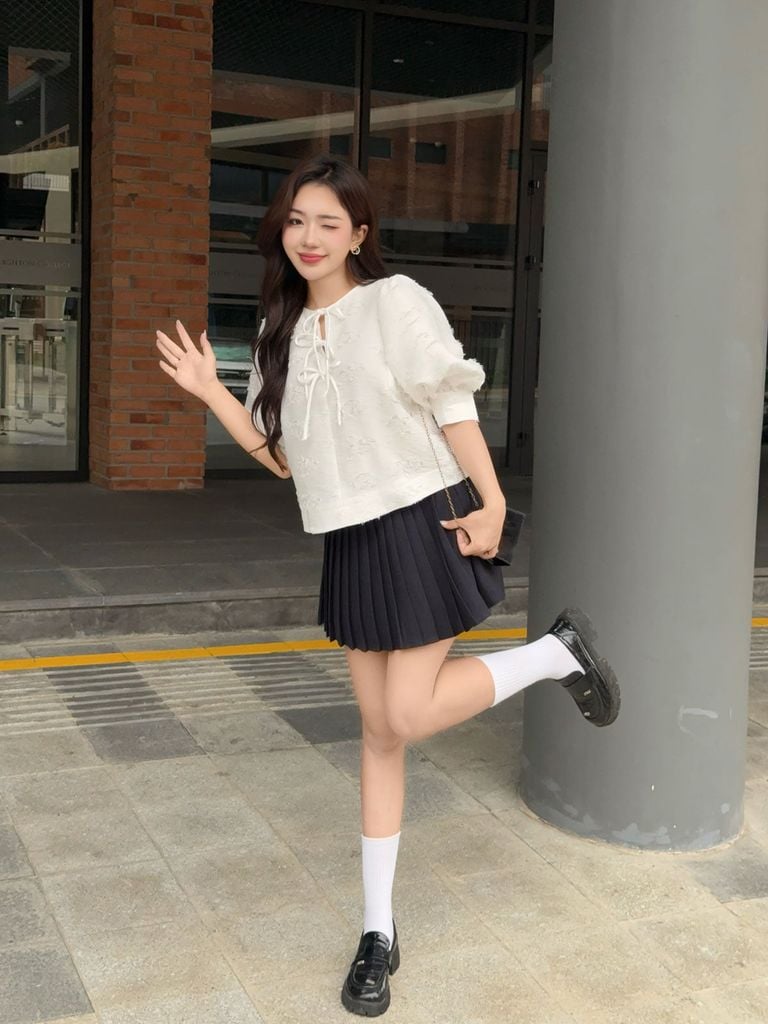 BJN93739 - Chân váy ngắn vải thô dáng chữ A thân váy xếp ly tạo kiểu - JAN.