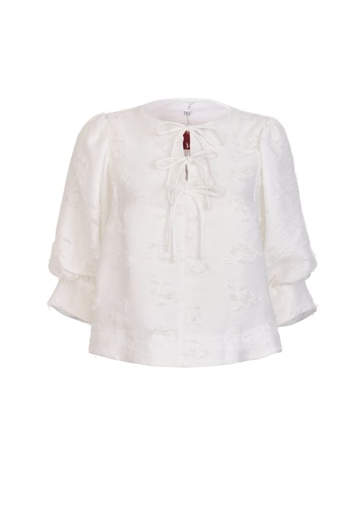 FAS34080 - Áo sơ mi công sở vải tơ dáng suông cổ kiểu đính nơ thắt tay lửng thời trang - JAN.