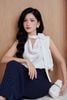FAS34119 - Áo sơ mi công sở vải lụa dày dáng suông cổ đổ phối dây thắt tạo kiểu kèm hoa cài thời trang - PANTIO
