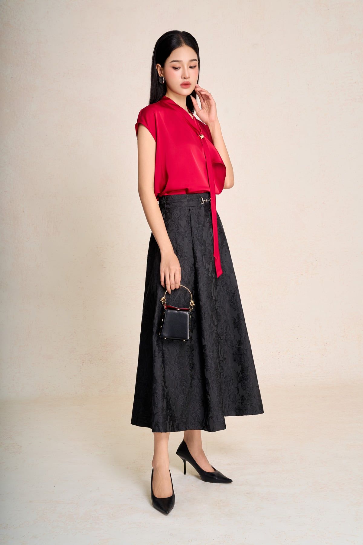 FAS34123 - Áo sơ mi công sở vải lụa bóng cổ phối vạt tay chờm tạo kiểu - PANTIO